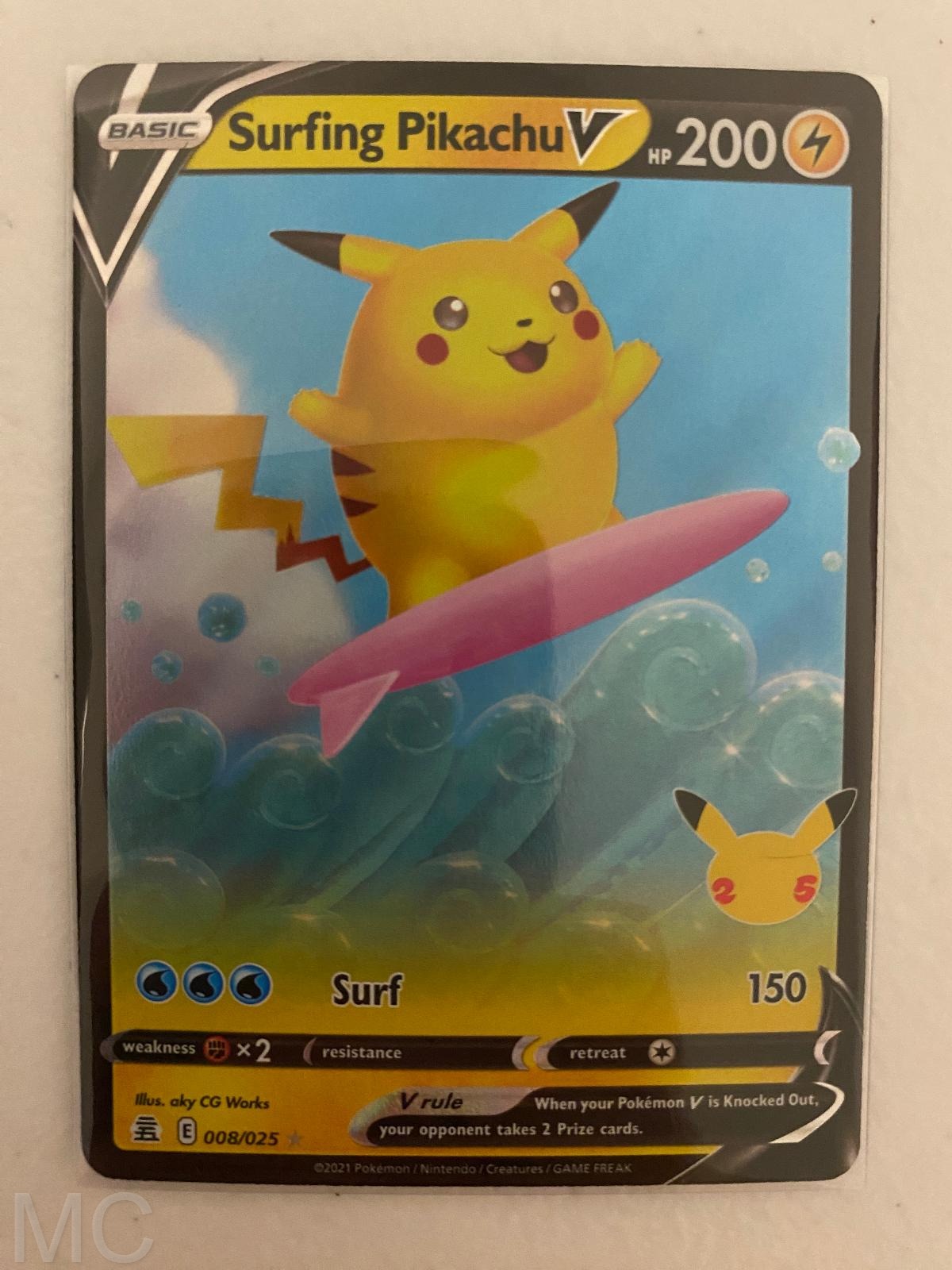 Surfing Pikachu V 008/025 Holo V Rare Celebrations Pokemon Near Mint
