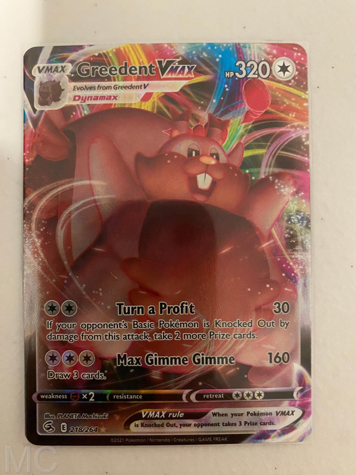 Greedent VMAX 218/264 Holo VMAX Rare Fusion Strike Pokemon Near Mint